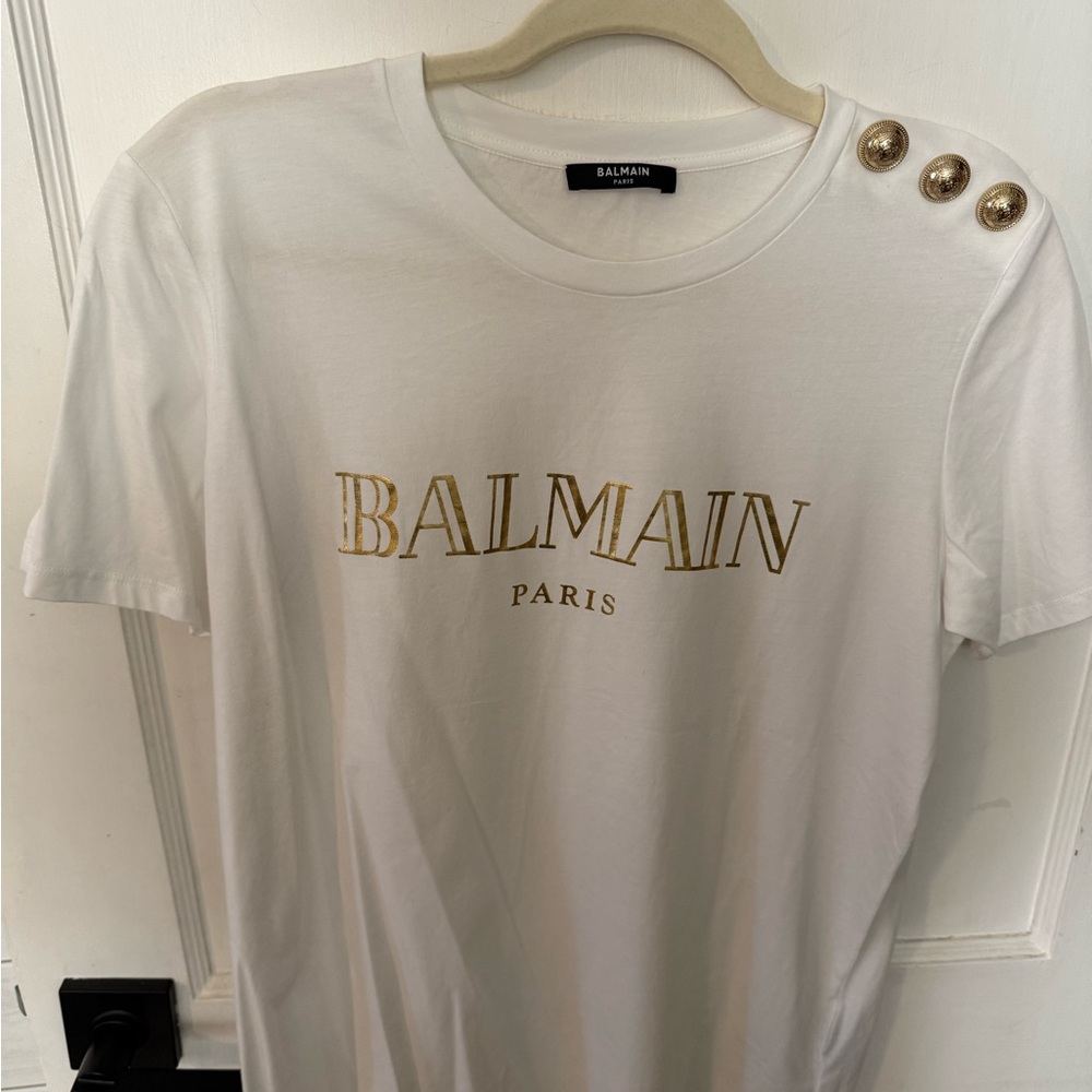 Balmain White T-Shirt with Gold Logo and Button Detail